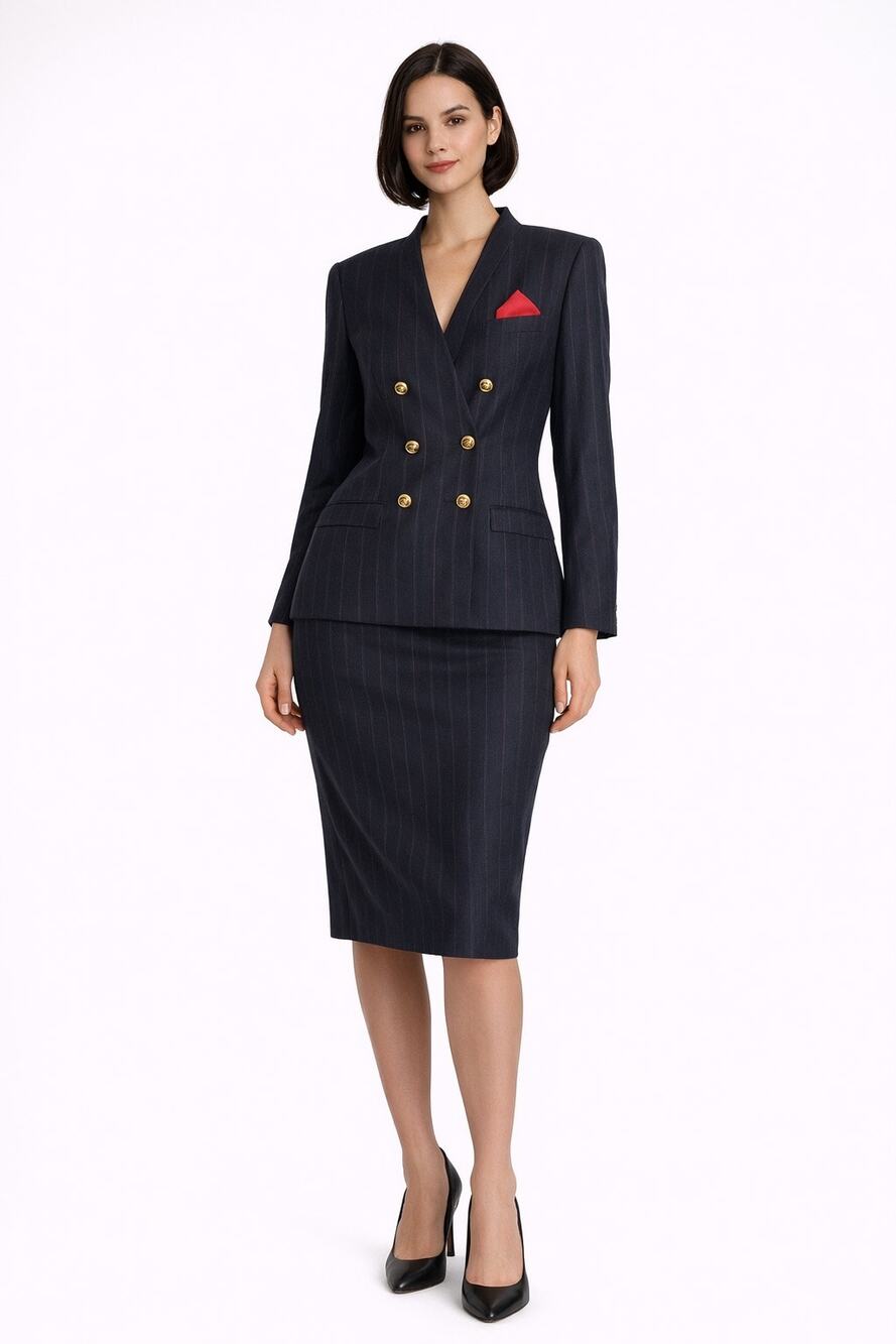 NWT 1980s Le Suit Petite navy pinstripe skirt suit tagged size 8 P modern 6-8